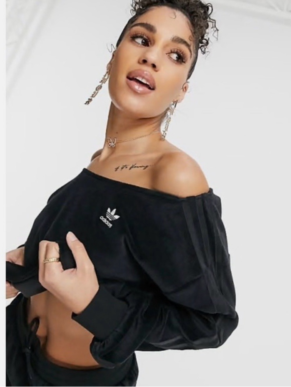 adidas Black Velour Cropped off shoulder Sweatshirt with Three Stripes